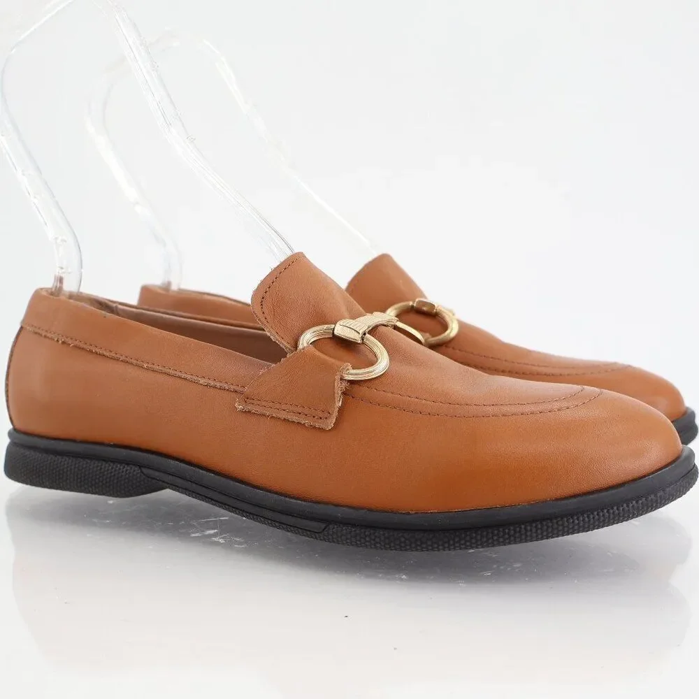 Bruno Magli Nerano Leather Loafers Women Size 38 Brown Gold bit AS IS
